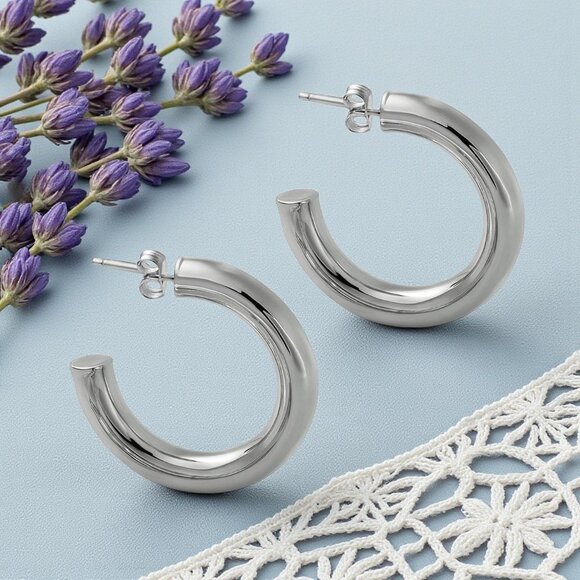 Chunky C Hoop Earrings 18K White Gold Plated Stainless Steel Minimalist - Picture 11 of 14